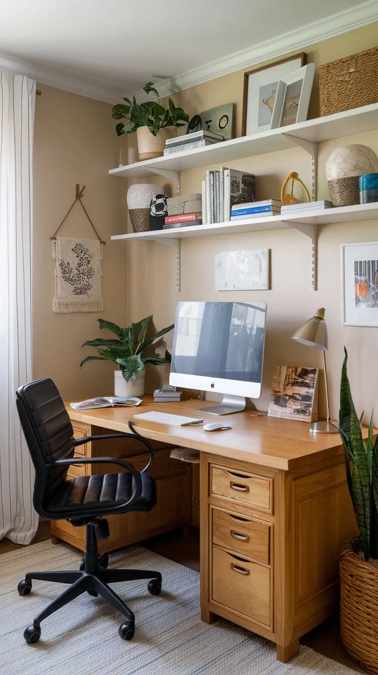 Beige walls and thoughtfully arranged decor create a productive yet inviting atmosphere for a dual home office.