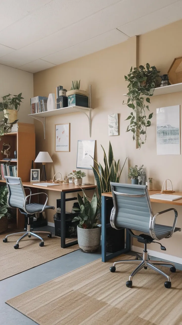 Two desks nestled amongst bookshelves and greenery create a shared yet personalized home office space.