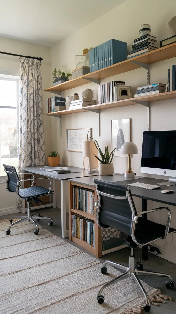 A shared home office boasts two workstations, a bookshelf, and ample storage creating a functional and aesthetically pleasing workspace for two.