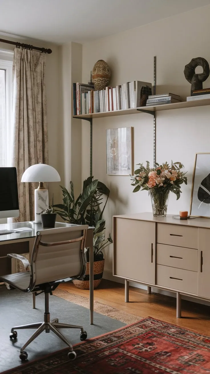 A comfortable and stylish home office features two distinct work areas, complete with personal touches and ample storage, perfect for a productive pair.