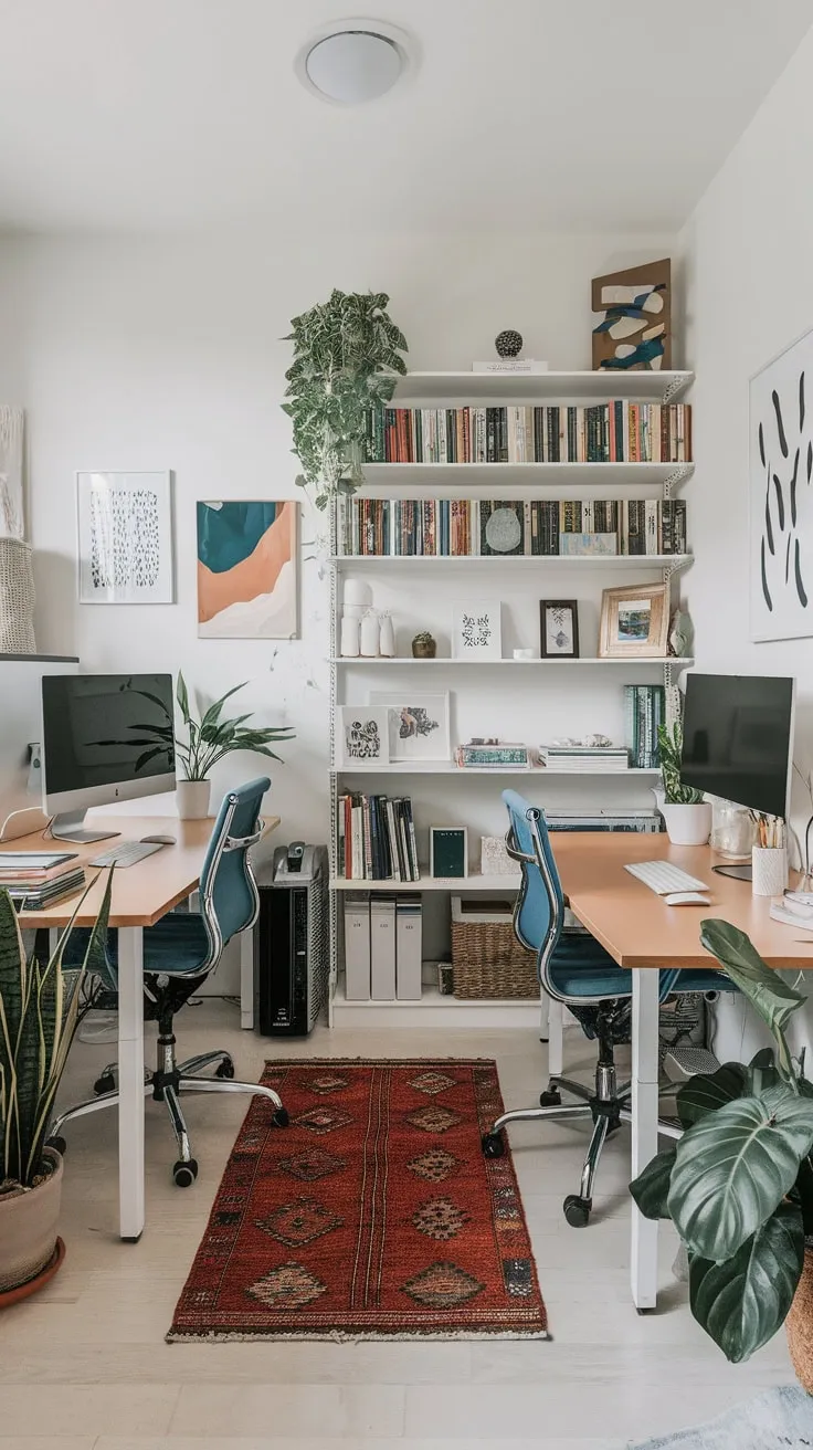 A bright organized shared home office boasts two individual workspaces complete with desks, computers, and personal touches, creating a productive yet aesthetically pleasing environment