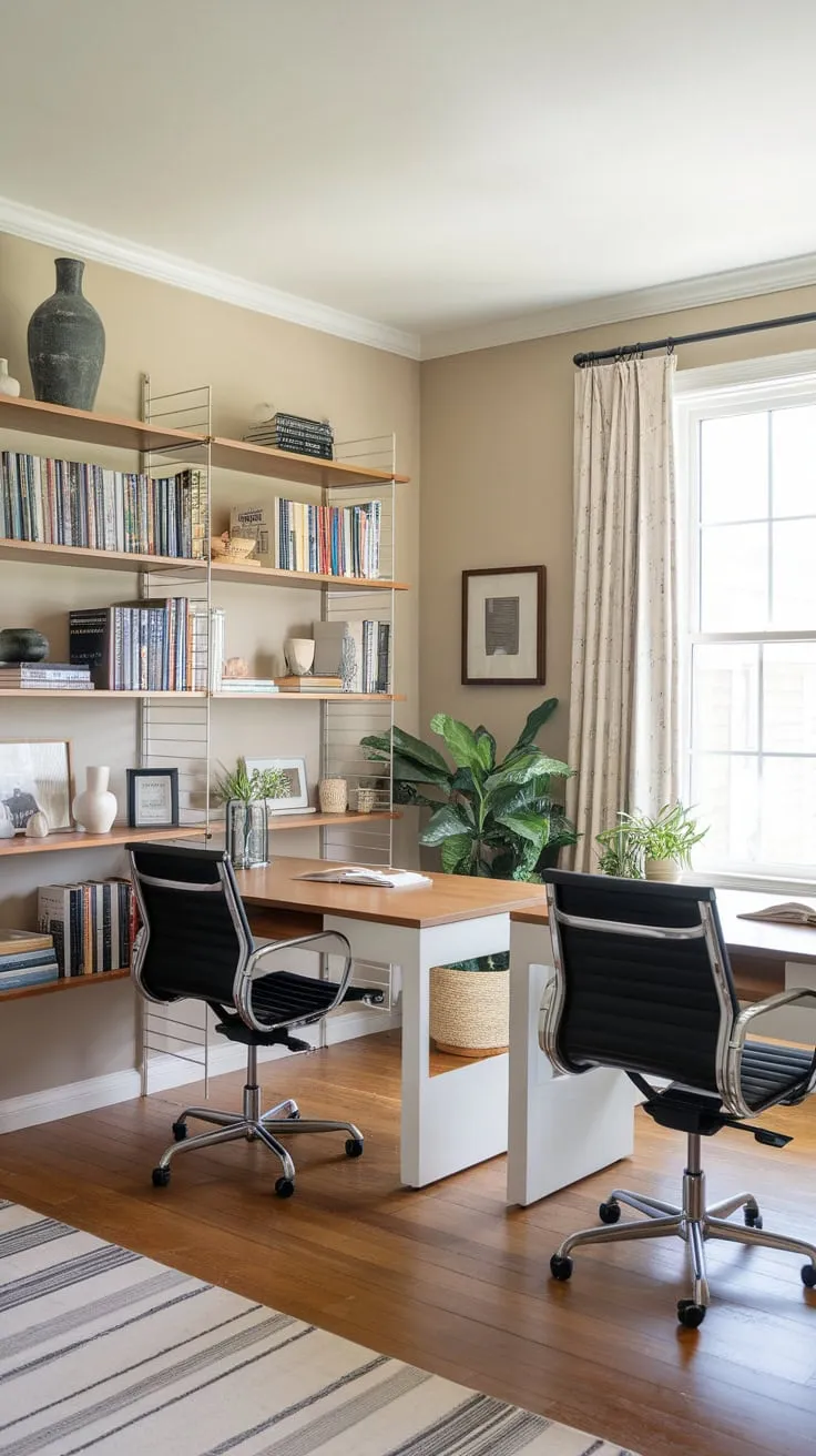 Dual desks nestled in a warm, book-lined home office provide a productive and aesthetically pleasing environment for a pair.