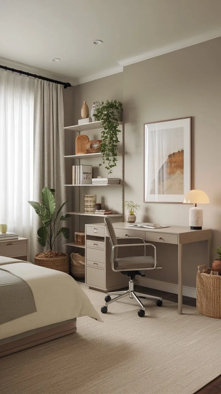 A small apartment's clever design unites a calming guest room and functional home office, showcasing earthy tones and a tranquil atmosphere.