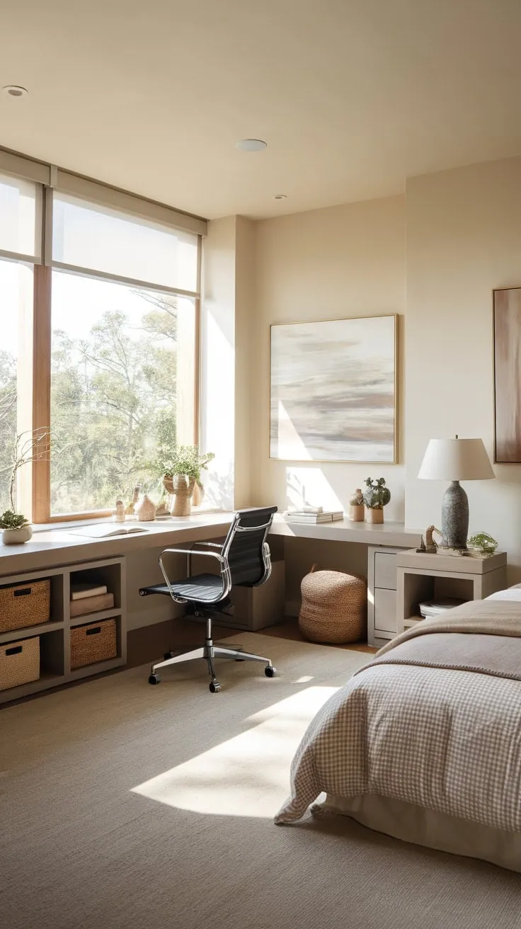 A serene home office guest room combo maximizes space with earthy tones, natural light, and separate sleeping and working areas.
