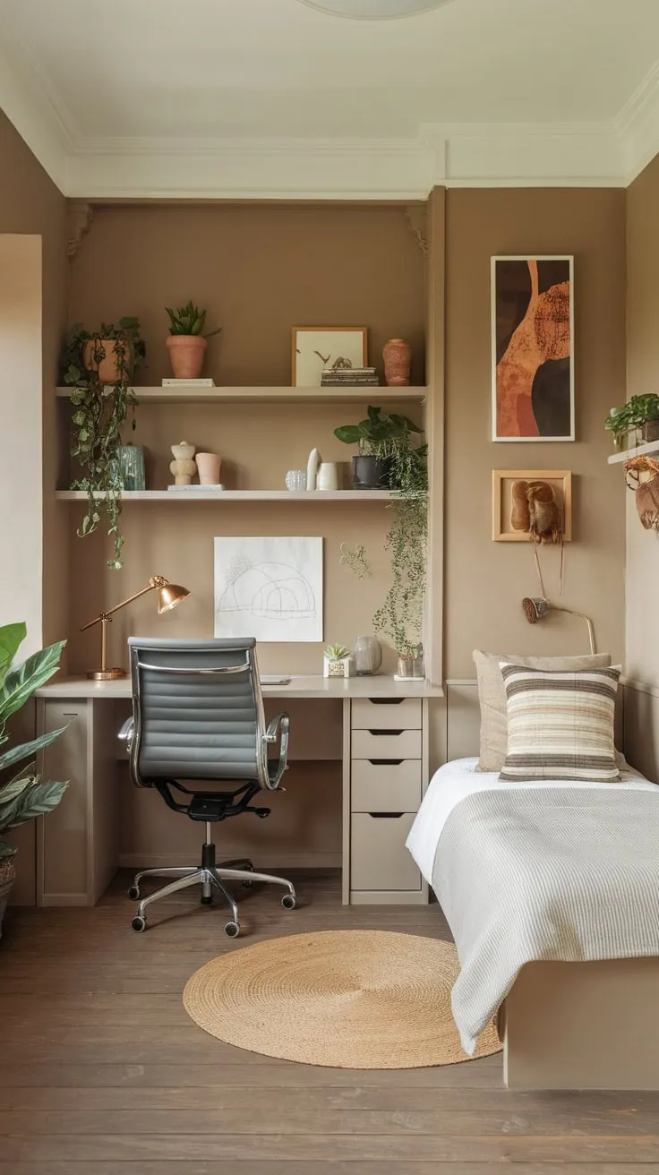 A serene neutral-toned guest room seamlessly blends a small home office, nature-inspired decor, and wooden floors for a calming multi-purpose space