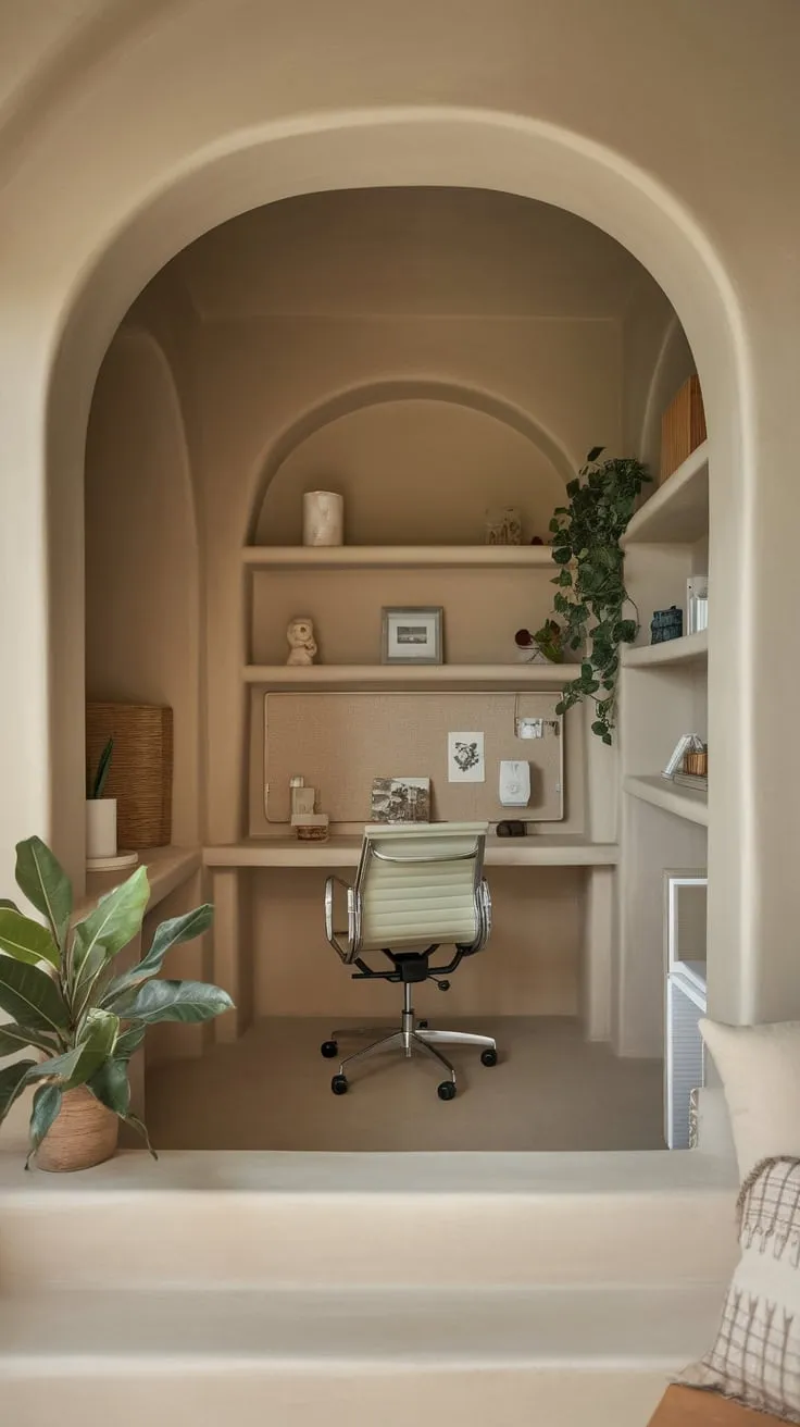 A tranquil nature-inspired guest room seamlessly blends a serene home office, perfect for work and relaxation