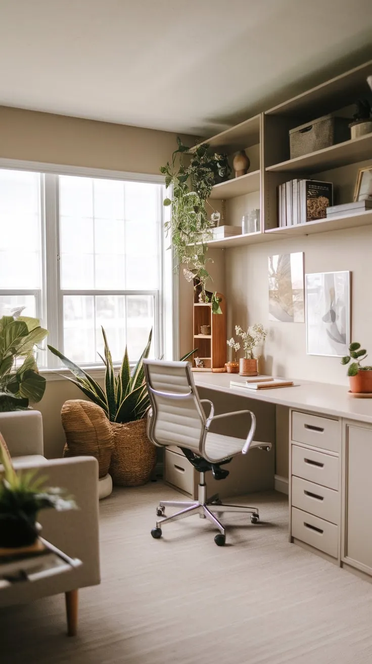 A small apartment features a calming neutral guest room and home office combo, furnished with a desk, chair, bookshelves, and plants for a nature-inspired workspace.