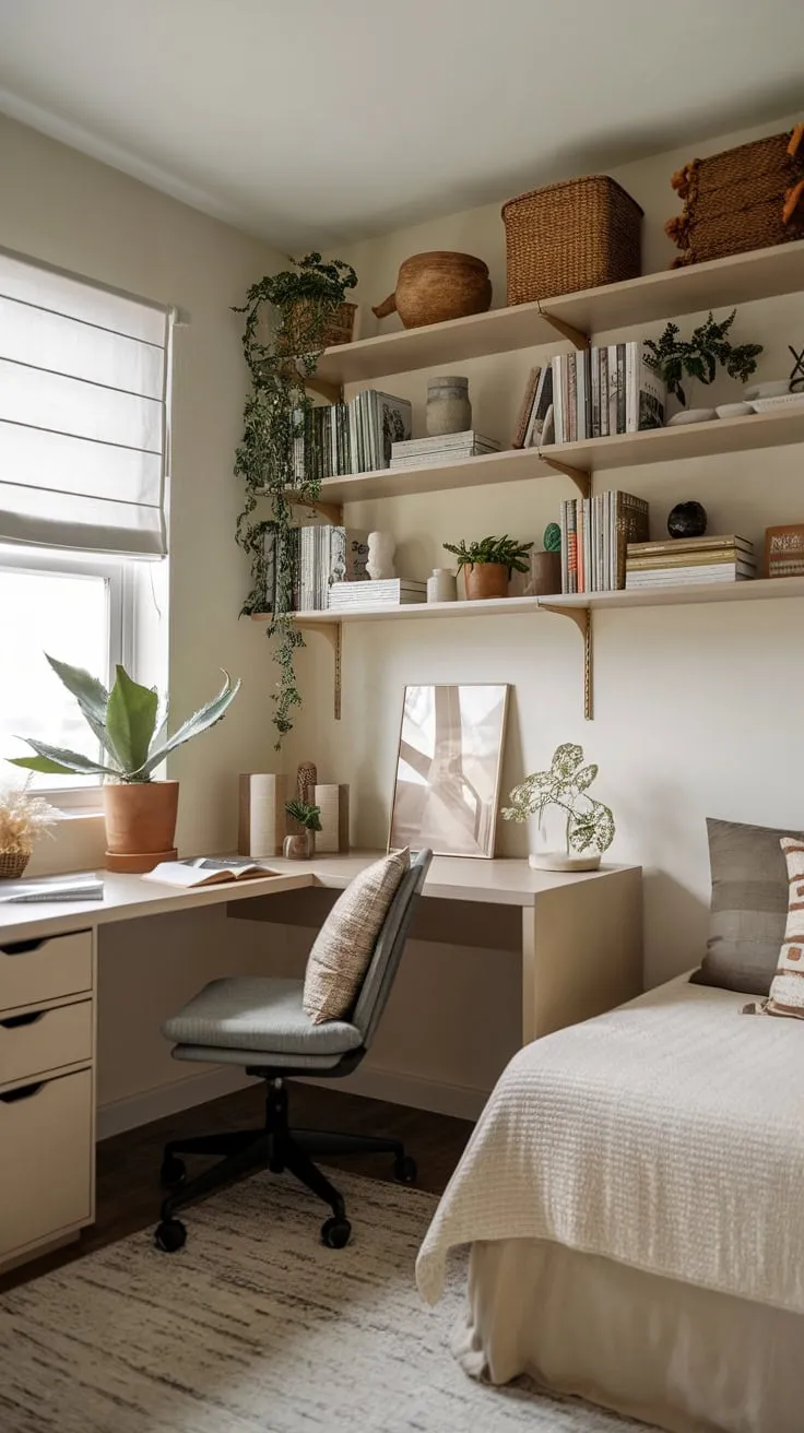Earthy tones and natural decor create a peaceful haven that effortlessly transitions from workspace to guest retreat.