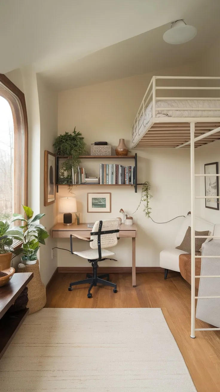 Earthy hues and natural light transform a small space into a harmonious home office and guest room, featuring a loft bed and calming décor.