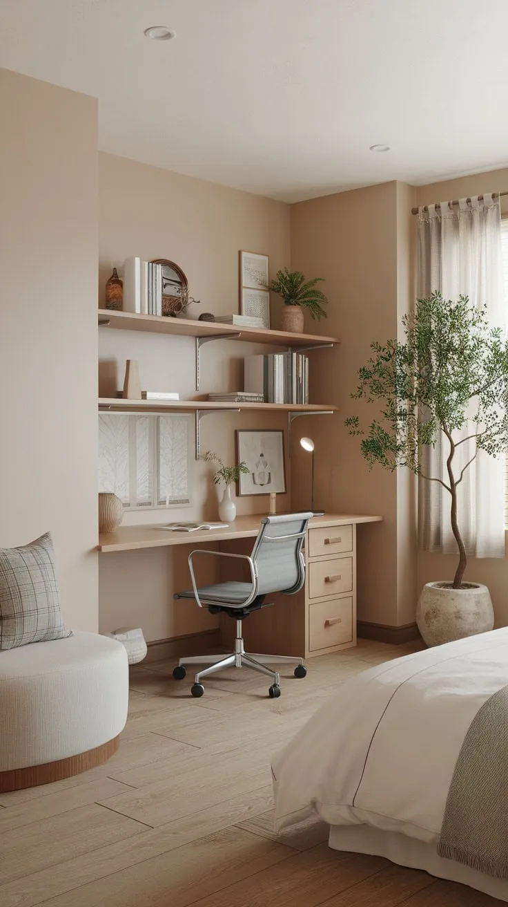 A serene neutral-toned guest room seamlessly blends a tranquil home office, featuring nature-inspired decor and a comfortable sleeping area.