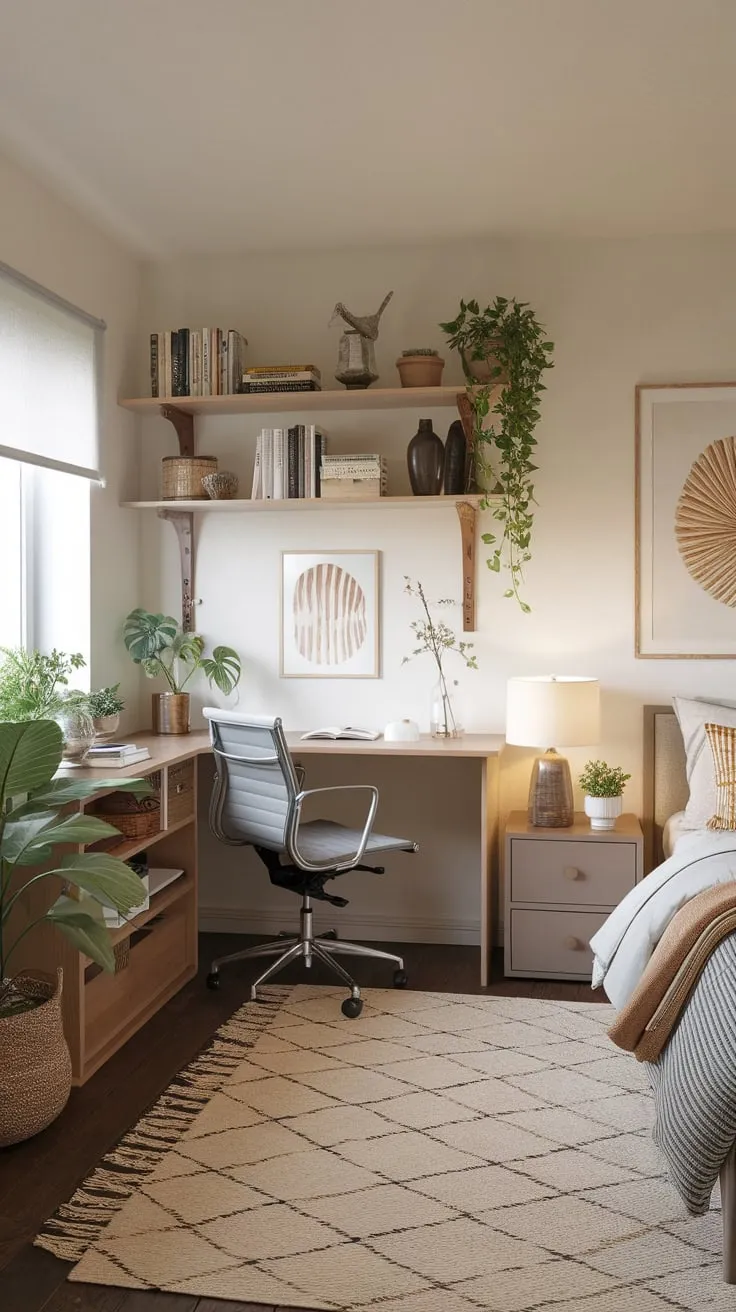 A small apartment's neutral-toned guest room cleverly integrates a home office, creating a peaceful and functional retreat.