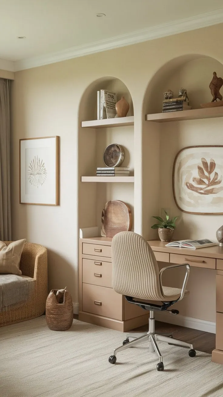 A tranquil earthy-toned home office seamlessly blends with a serene guest room, creating a small apartment's perfect multifunctional space
