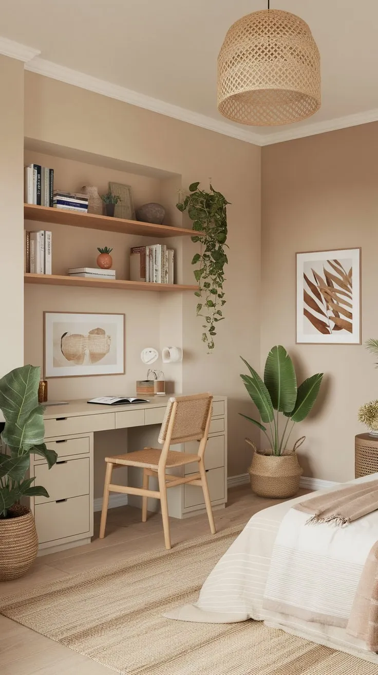 A serene neutral-toned guest room seamlessly blends a cozy sleeping area with a functional home office, enhanced by natural elements and calming décor.
