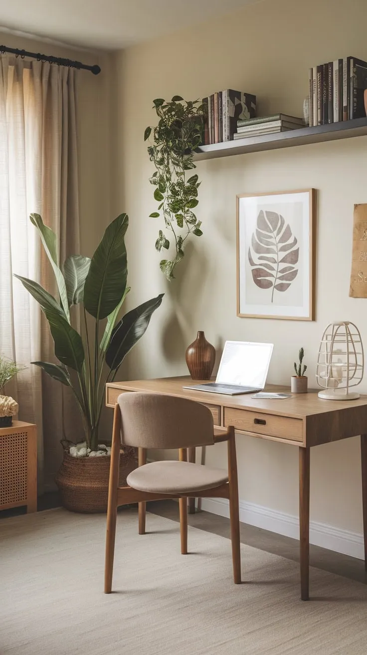 This compact apartment boasts a tranquil multi-purpose room combining a home office and guest space with natural accents and a calming atmosphere.