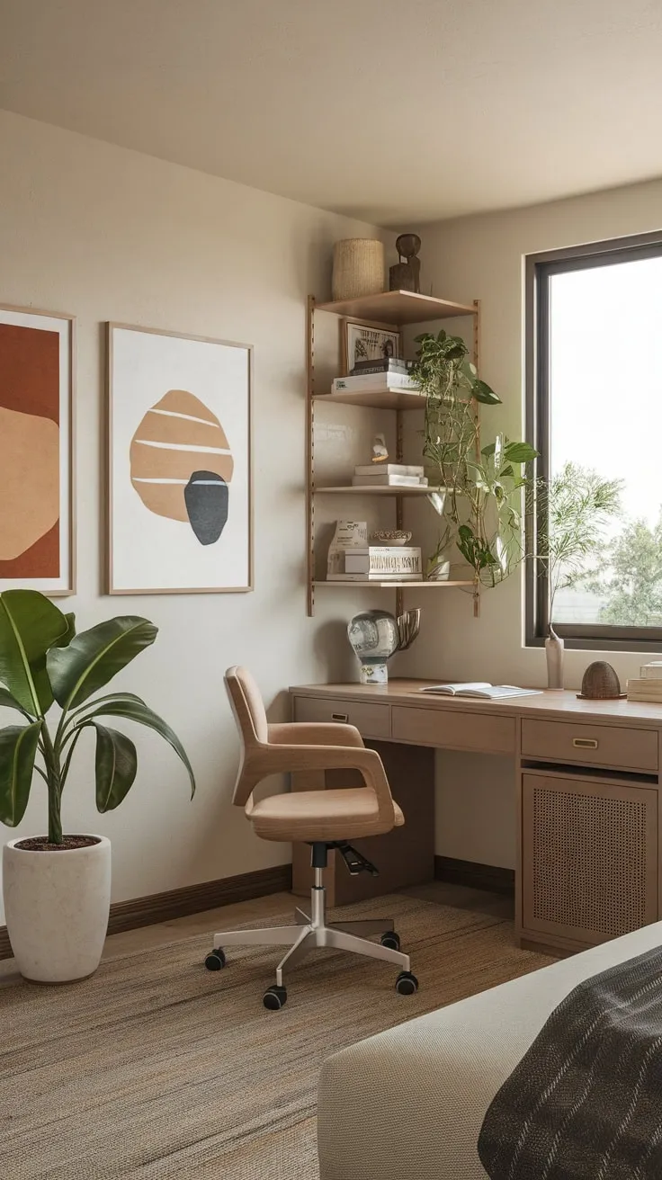 A tranquil nature-inspired home office guest room seamlessly blends workspace functionality with calming earthy tones and natural light for a relaxing retreat