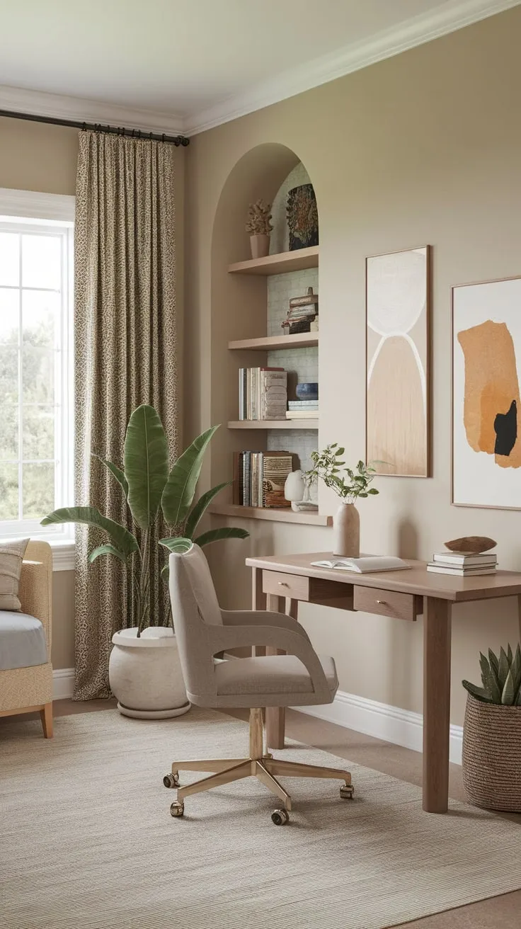 A tranquil beige guest room seamlessly integrates a small home office, boasting natural aesthetics and functional workspace elements.