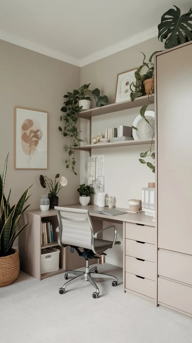 Light grey walls, natural elements, and essential furniture transform a small apartment into a peaceful home office guest room haven.