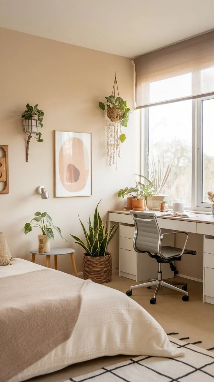 A serene home office guest room blends earthy tones, natural light, and minimalist furniture for a tranquil workspace and restful retreat