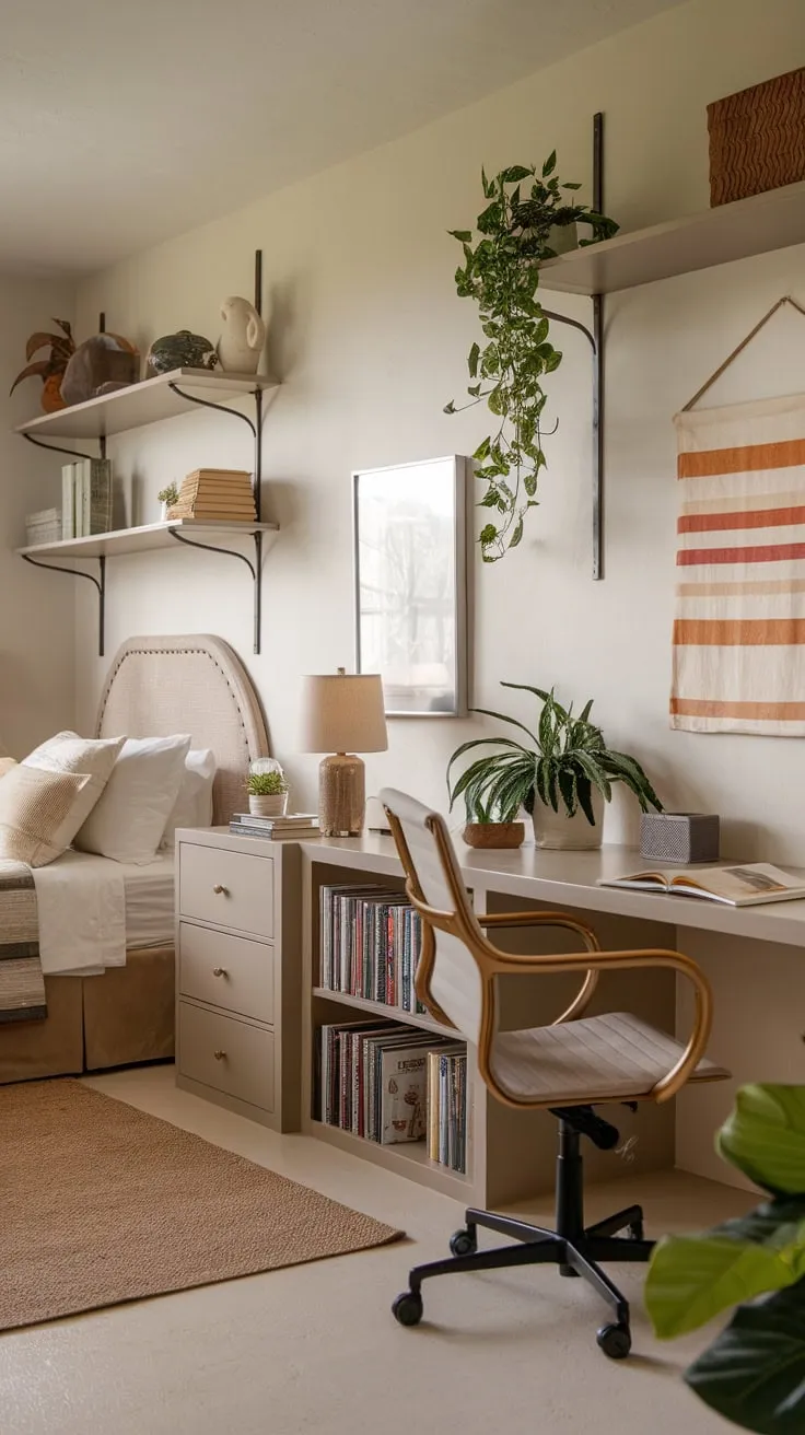 Escape to a peaceful haven where a functional home office effortlessly transitions into a cozy guest room, complete with natural elements and calming decor.