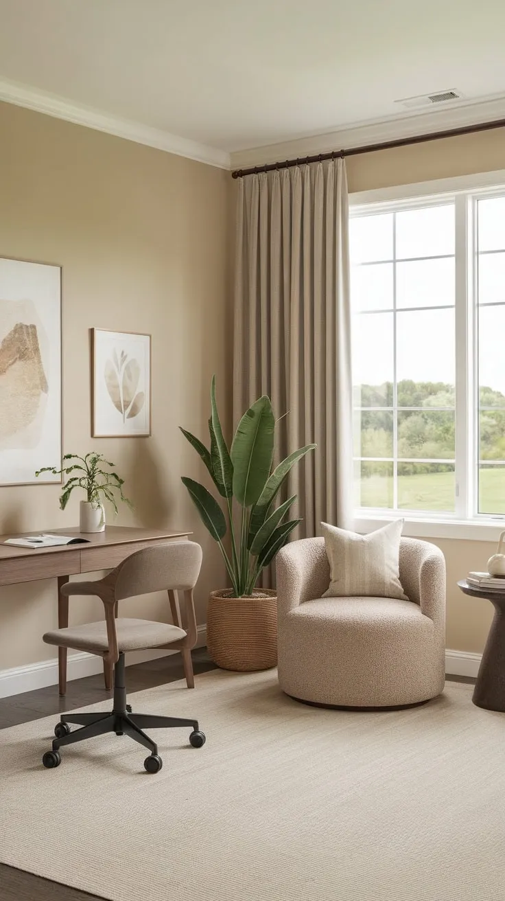 Neutral tones and natural light create a calming home office guest room retreat with dedicated work and relaxation zones.