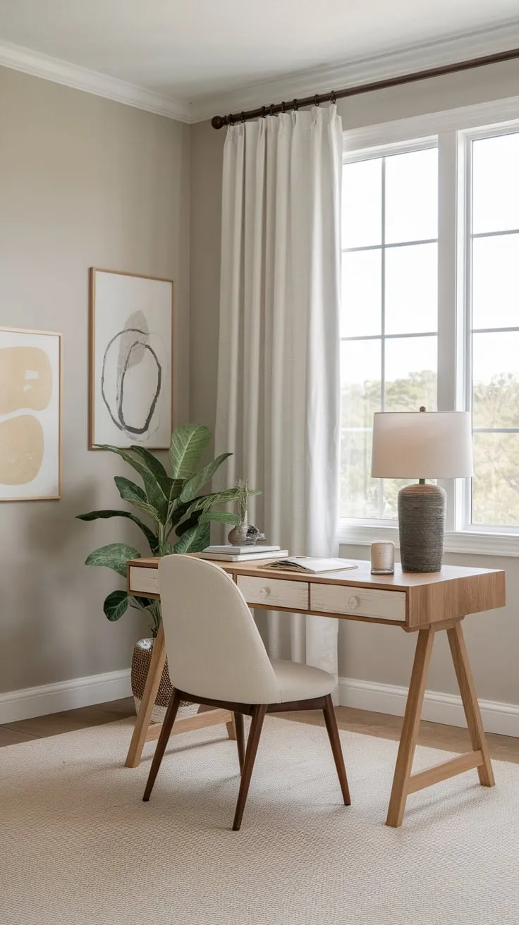 A light grey and beige guest room seamlessly blends a small home office, creating a peaceful and productive space.