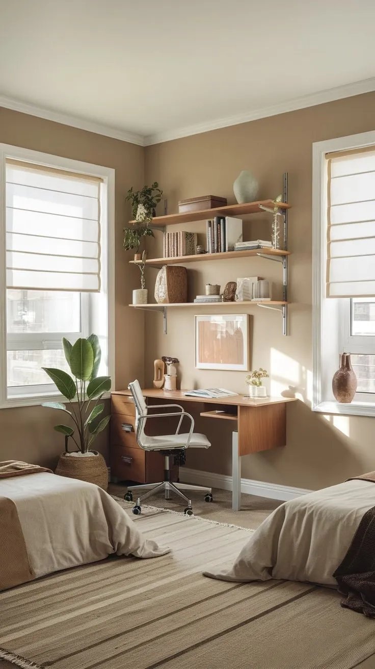 A tranquil apartment guest room seamlessly blends a small home office, featuring earthy tones and natural light, for a functional yet peaceful space