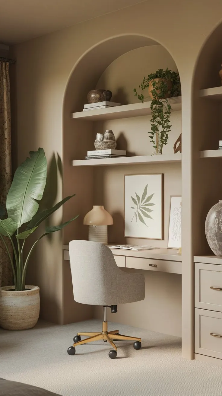 A tranquil nature-inspired guest room seamlessly blends a small home office, creating a serene and functional space