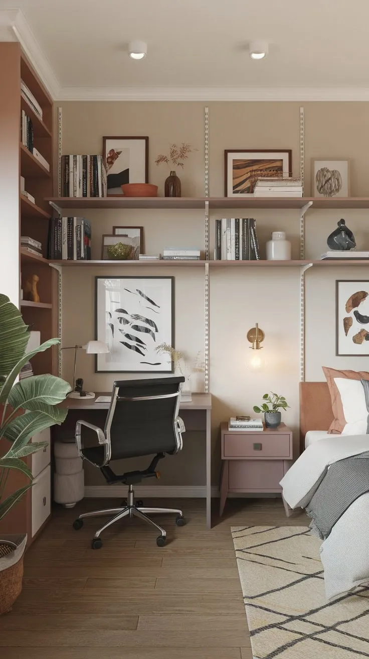 A tranquil earthy-toned home office seamlessly blends a functional workspace with a cozy queen-sized guest room, all within a small apartment design.