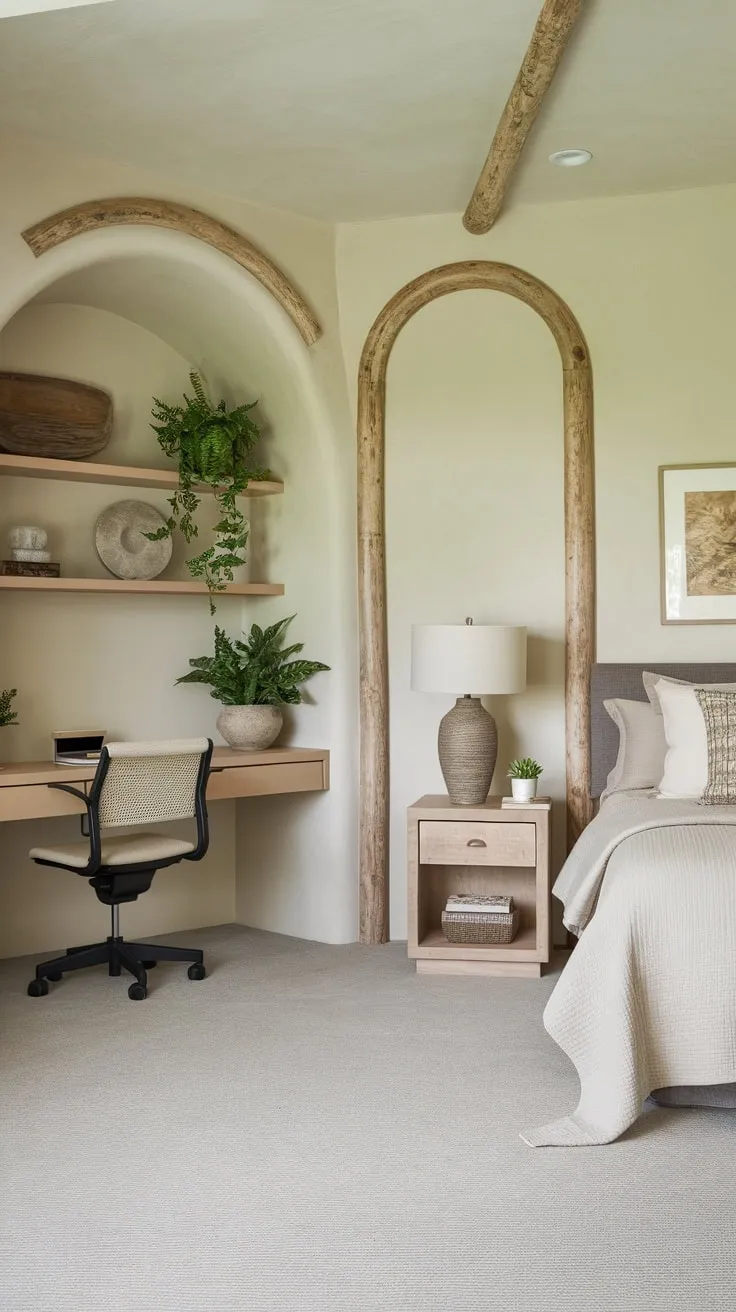 Earthy hues and wooden accents create a calming atmosphere in this multi-purpose space, effortlessly combining a productive office and relaxing guest room.