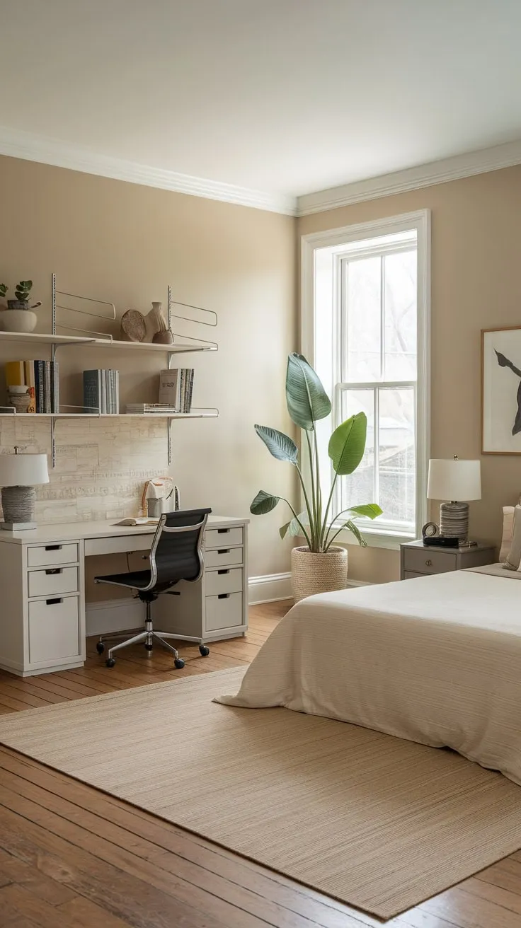 Soft beige walls and wooden floors create a tranquil atmosphere in this multi-purpose space combining work and rest.