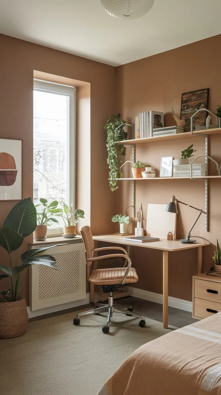 A serene home office and guest room blend seamlessly, featuring a neutral palette, natural light, and functional furniture for a calming small-space design