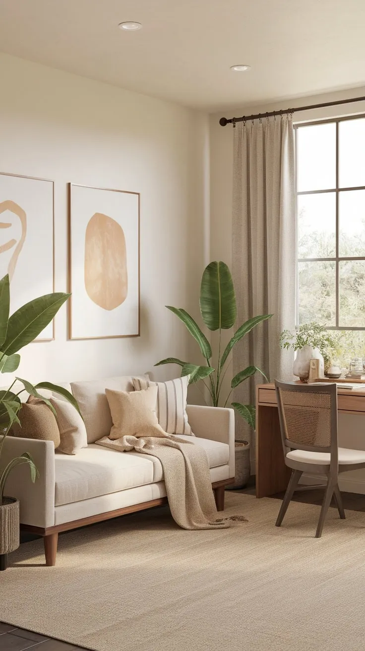 A tranquil home office guest room blends earthy tones, natural light, and minimalist art for a serene nature-inspired retreat