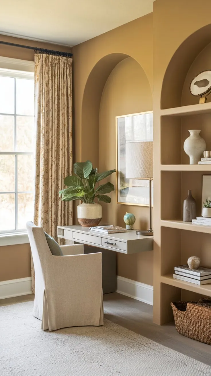 A serene neutral-toned guest room seamlessly blends home office functionality with nature-inspired calm, creating a tranquil and productive space.