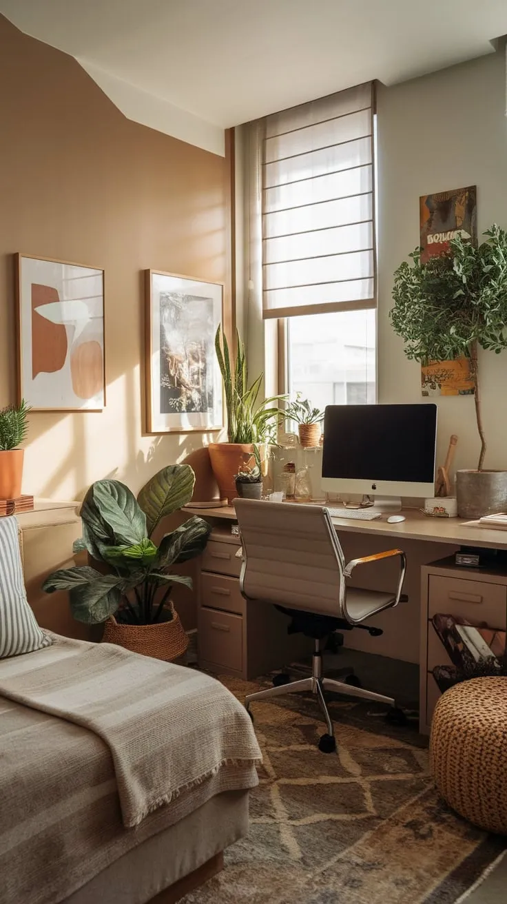 Earthy tones and soft light create a serene and functional home office guest room in a compact apartment space.