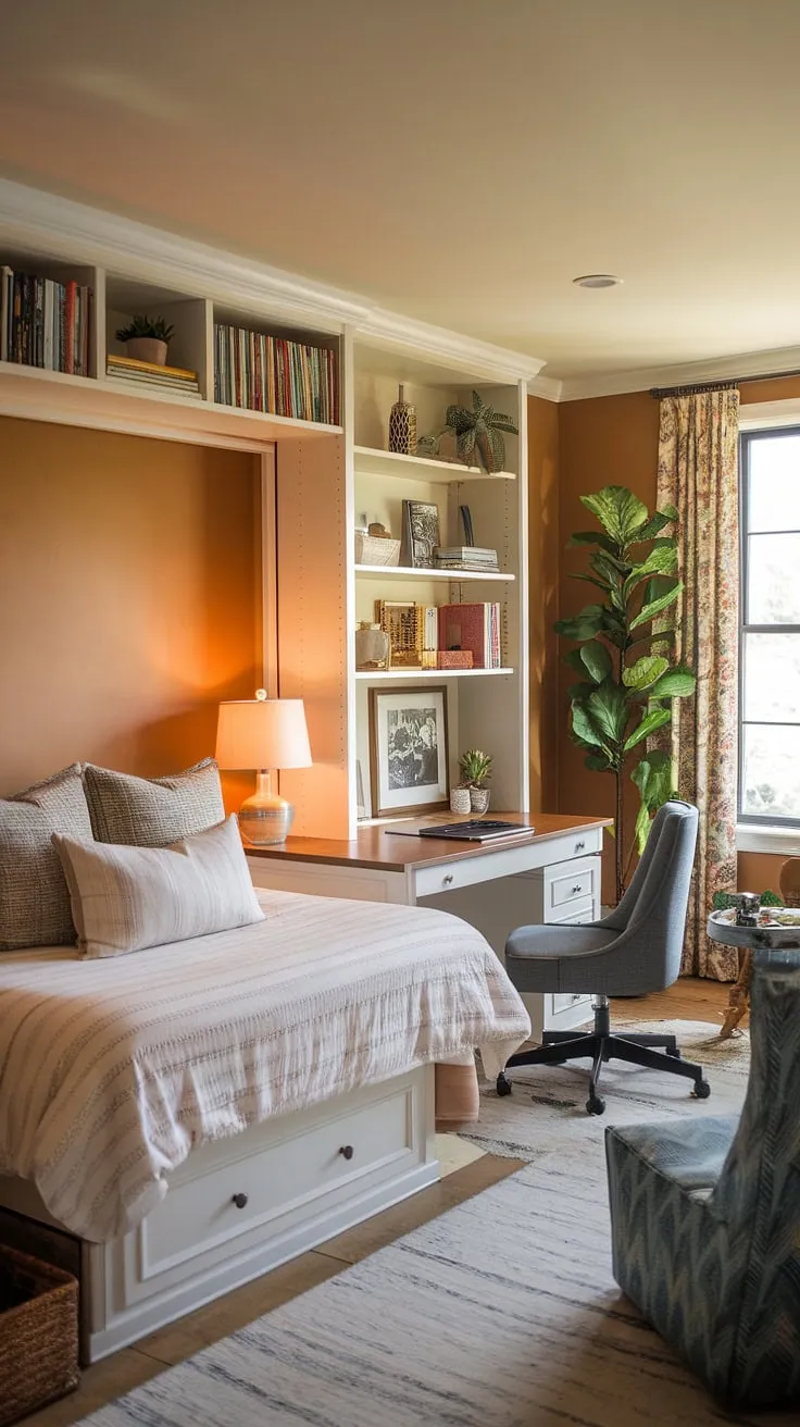 This cozy guest room office seamlessly blends functionality and comfort.  The clever guest room Murphy bed disappears when not needed, transforming the space into a productive home office, or a welcoming guest bedroom home office. Be our guest!