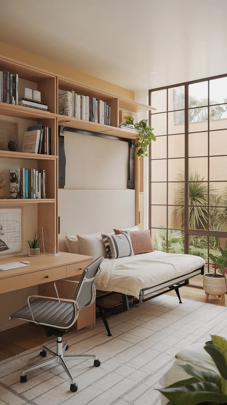 Transform your space with this ingenious guest bedroom home office.  The murphy bed office solution maximizes functionality, creating a dedicated workspace that effortlessly converts into a cozy guest room.  Enjoy the best of both worlds in this office guest room – be our guest and experience the ultimate in versatile design.