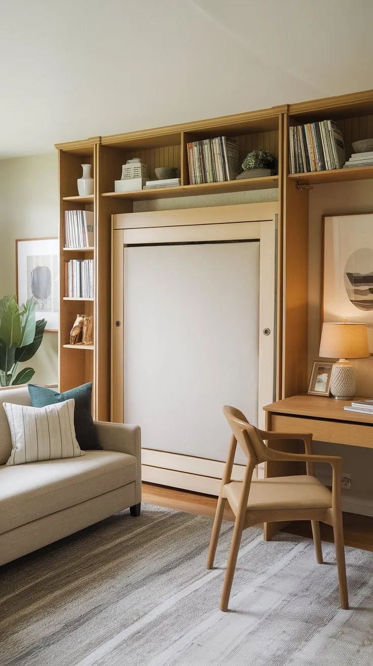 This versatile home office guest room seamlessly blends work and relaxation.  The clever guest room Murphy bed transforms the space from a productive office to a cozy guest bedroom in seconds. Be our guest!