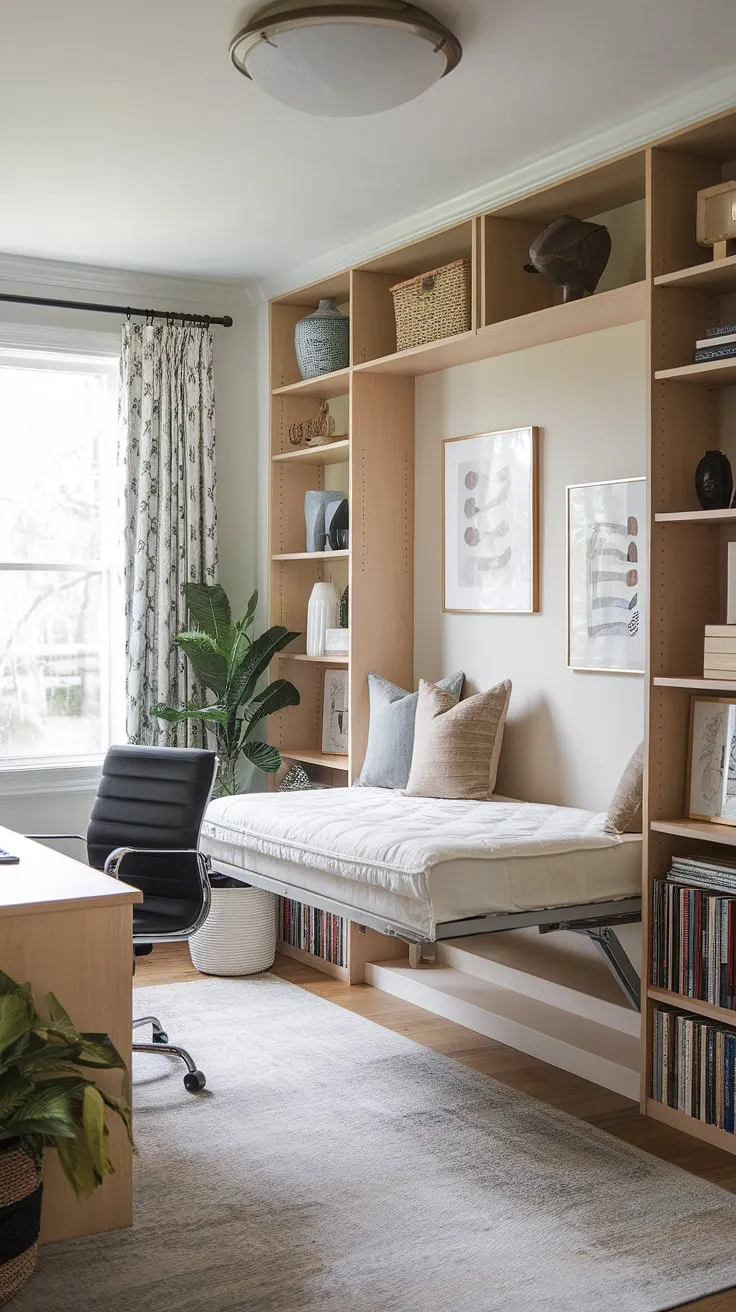 Need a guest room but short on space? This guest bedroom home office, featuring a Murphy bed office solution, is the perfect example of stylish, multi-functional design. Be our guest and experience the ultimate in space-saving elegance.