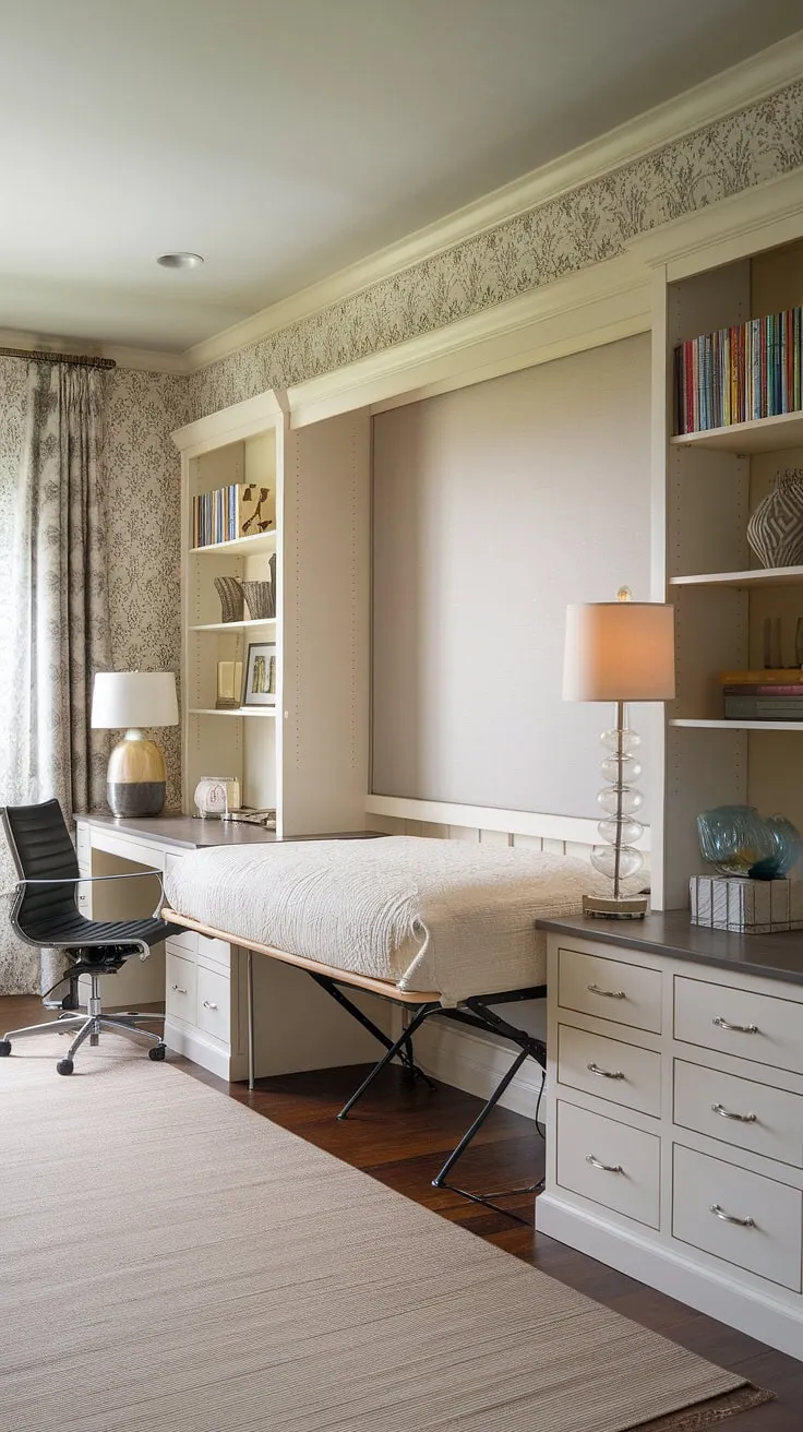 Transform your space with this ingenious guest room murphy bed!  This home office guest room seamlessly blends work and relaxation, offering a dedicated workspace by day and a cozy guest bed by night.  A true office guest bedroom solution, perfect for maximizing space and welcoming guests. Be our guest!