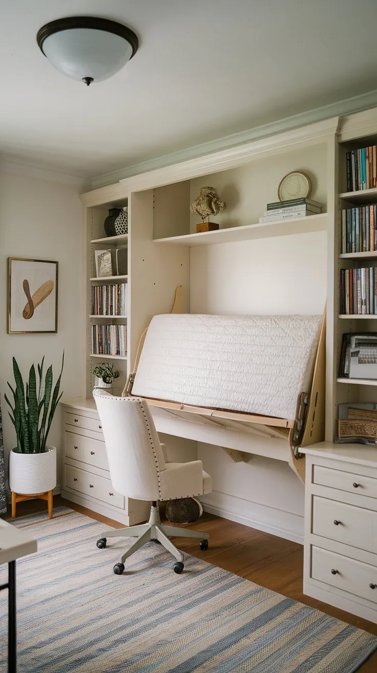 Need a guest room and a home office?  Problem solved! This guest bedroom office features a space-saving murphy bed, creating a versatile office guest room.  A perfect blend of functionality and style – be our guest and experience the ultimate in multi-purpose design.