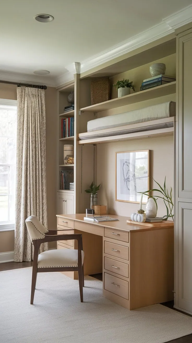 This versatile home office guest room seamlessly blends work and rest.  The clever guest room Murphy bed transforms this space from a productive office to a cozy guest bedroom in seconds. Be our guest!