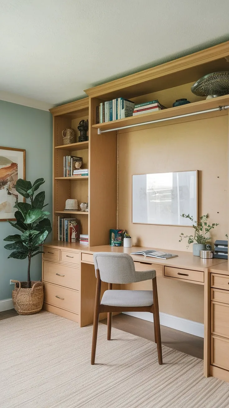 Work from home in style with this multi-functional office guest room.  A guest bedroom home office, this space cleverly utilizes a murphy bed office solution, providing a comfortable guest bed and a dedicated workspace. Be our guest and experience the ultimate in space-saving design.