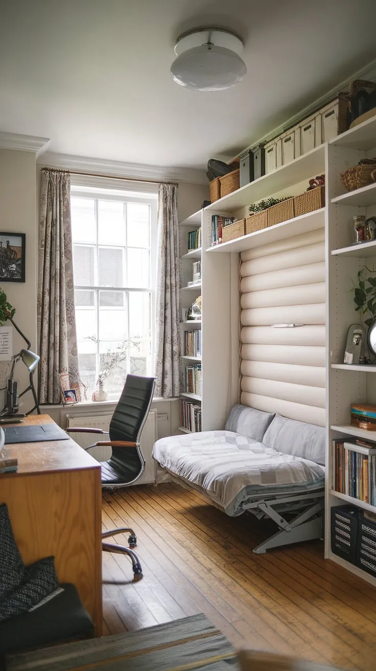 Work from home in style with this multifunctional office guest room.  A guest bedroom home office, complete with a murphy bed office, offers the perfect blend of productivity and hospitality.  Be our guest and experience the ultimate in space-saving design. This guest room office is ready for your next visitor.