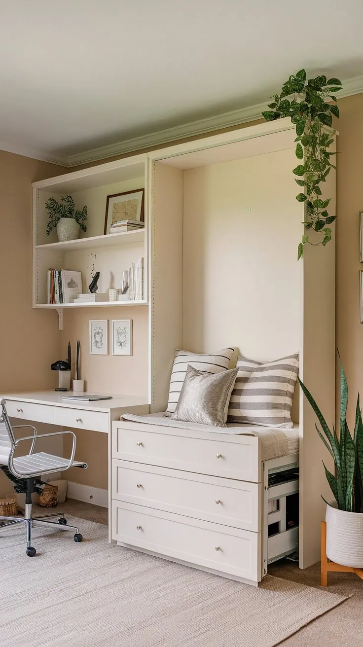 Need a versatile space? This guest bedroom office features a guest room murphy bed, creating a stylish office guest room by day and a cozy guest room at night.  The perfect murphy bed office solution, this guest room office is ready to say "be our guest" with comfort and convenience.