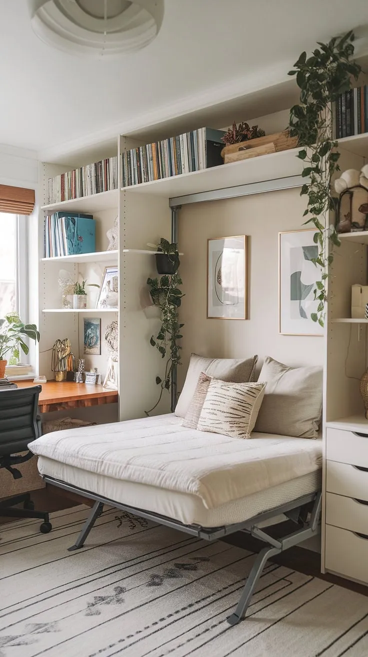 This home office guest room seamlessly blends work and relaxation.  The clever guest room Murphy bed transforms the space from a productive office to a cozy guest bedroom in seconds.  A true Murphy bed office, it's the perfect solution for maximizing space and offering comfortable accommodations. Be our guest!