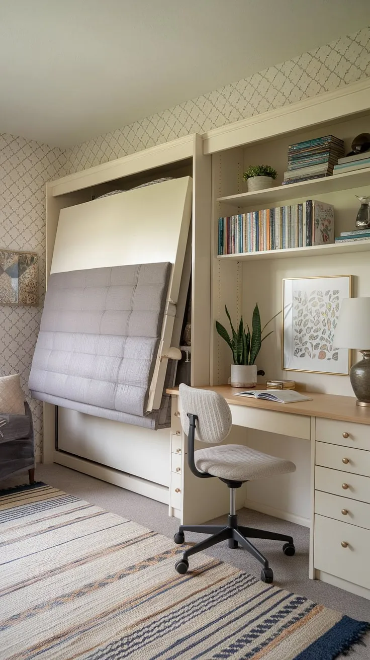 Transforming from a cozy guest room to a productive home office in seconds?  This guest room murphy bed seamlessly blends functionality and style, creating the perfect office guest bedroom. Be our guest, and experience the ultimate in space-saving design.  This guest bedroom home office is a testament to clever design, offering a comfortable guest room and a dedicated workspace all in one.