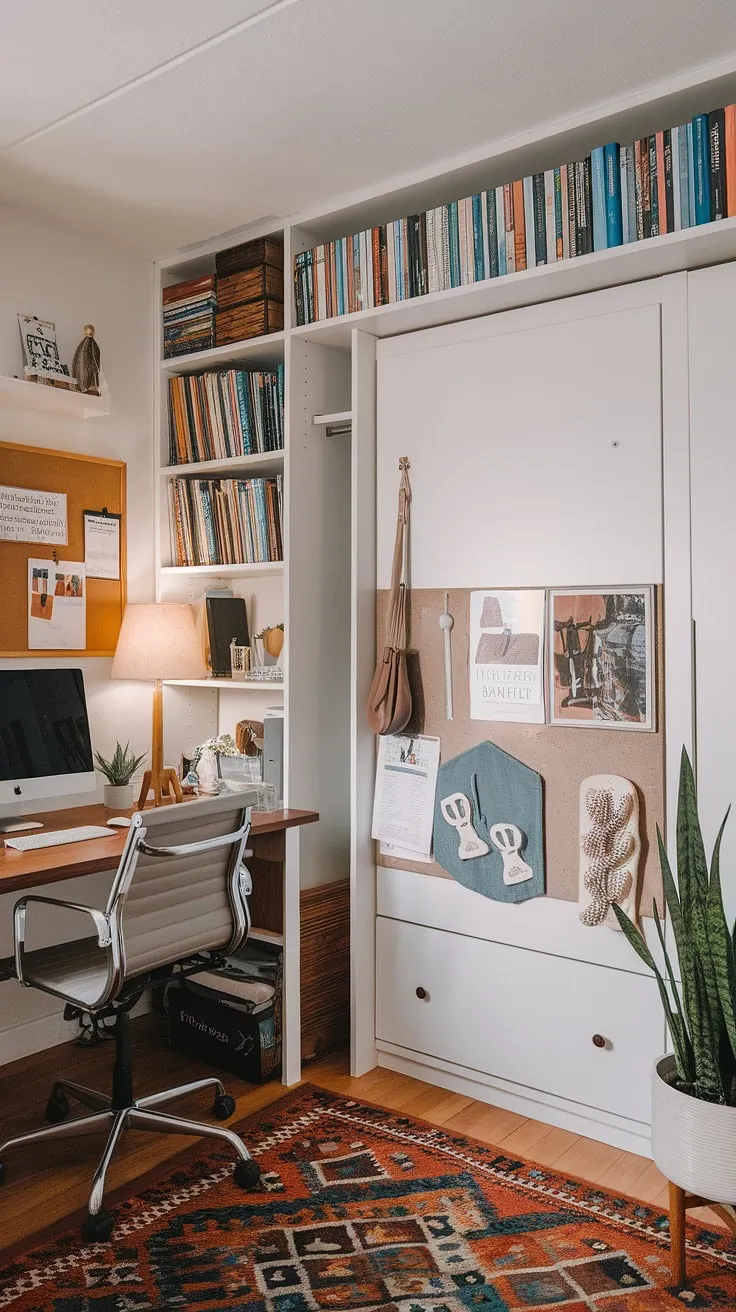 This home office guest room seamlessly blends work and relaxation.  The clever guest room Murphy bed maximizes space, transforming this office guest bedroom into a cozy guest suite when needed. Be our guest!