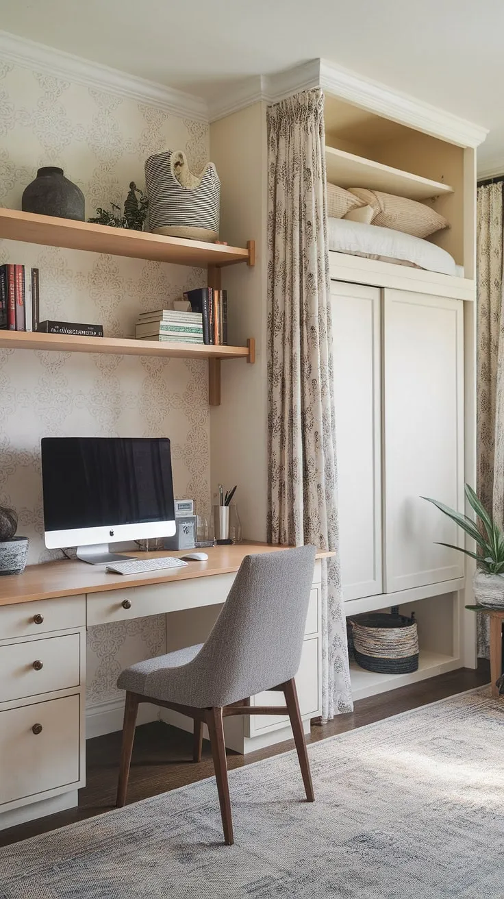 This home office guest room seamlessly blends work and relaxation.  The clever guest room Murphy bed transforms this space from a productive office to a cozy guest bedroom in seconds. Be our guest!