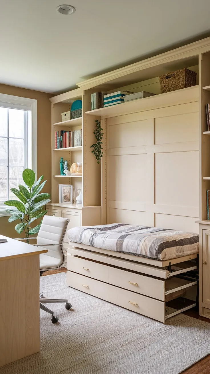 Transform your space with this ingenious guest bedroom home office.  A murphy bed office solution maximizes functionality, creating a dedicated workspace that effortlessly converts into a cozy guest room office. Be our guest and experience the ultimate in space-saving design.