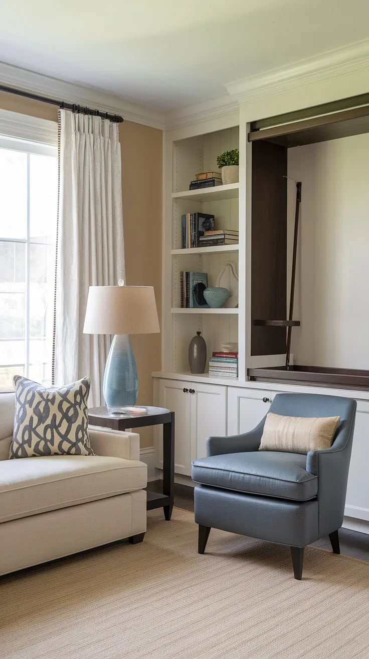 This versatile home office guest room seamlessly blends work and relaxation.  The clever guest room Murphy bed transforms the space from a productive office to a cozy guest bedroom in seconds. Be our guest and experience the ultimate in multi-functional design.  This guest bedroom home office, or office guest bedroom, is the perfect solution for maximizing space.